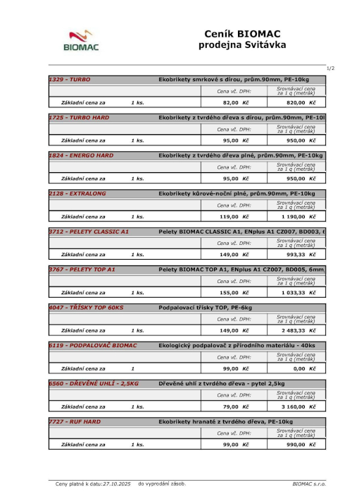 Aktuální ceník Biomac - Flamex Svitávka - od 07. 04. 2025